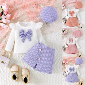 3PCS Toddler Girls Ribbed Tops Skort Shorts Beret Cap Kids Clothes Outfit Sets - Picture 1 of 24