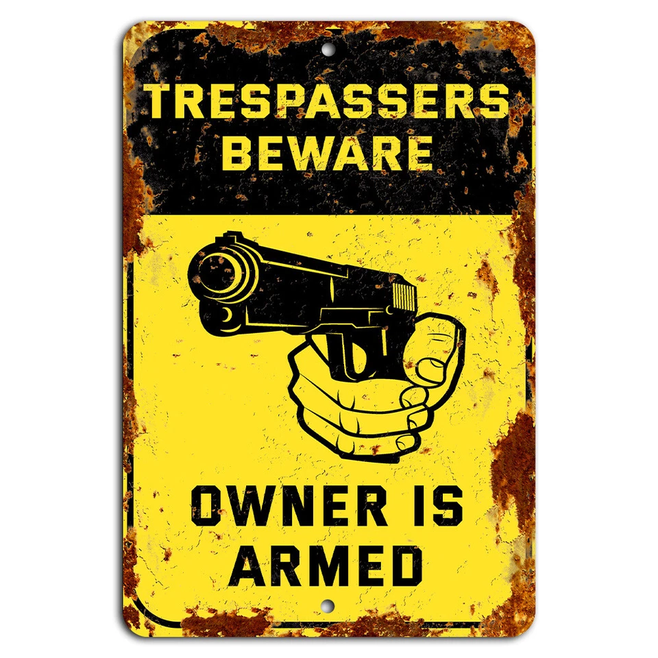Trespassers Beware Owner is Armed Rustic Yellow Sign - Home Security Decor - Image 1 of 1