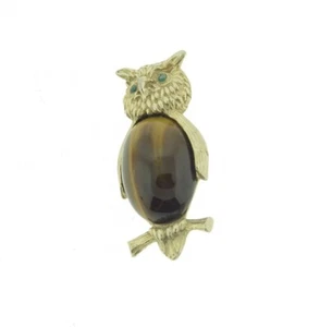 Vintage Tiger Eye Owl Brooch Pin Green Eyes 1.75" - Picture 1 of 5