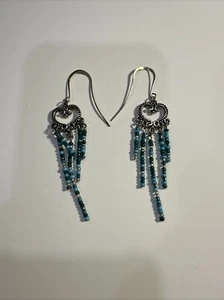 Silver Turquoise Earrings Glass Beaded Fringe Chandelier Dangle Drop Heart - Picture 1 of 7
