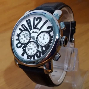 Reloj Bolsillo Hombre Cuero Negro Retro Pop-Art Rond Cronógrafo Grande Blanco PK3026 - Imagen 1 de 11