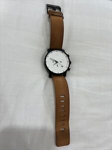 MVMT Men’s Watch White Face Brown Leather Band Blue Second Hand Black 45mm Case