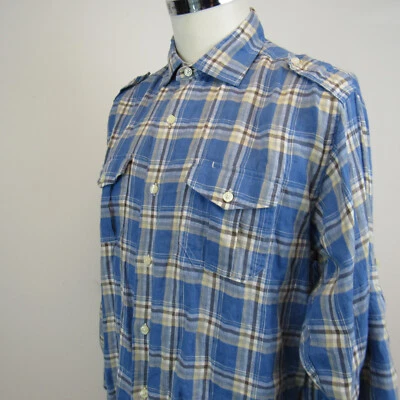 Brooks Brothers Dress Shirt Irish Linen Blue Plaid Button Up Pockets 1818 Foto 1 de 4