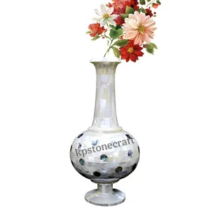 10" Marble Inlay Vase with Mother of Pearl | White Marble Sofa Side Décor Flower - Picture 1 of 5