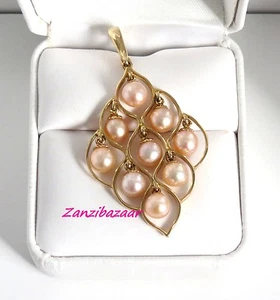 14K YELLOW GOLD NATURAL PEACH PEARL CHANDELIER DANGLE PENDANT - Picture 1 of 4