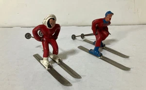 Barclay Lead Metal Figures Man, Woman on Downhill Skis Red Suit Winter - Picture 1 of 10
