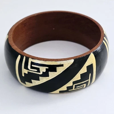 Pulsera Gruesa Madera Geométrica Azteca Boho Maximalista Artesanal Artista Firmada Foto 1 de 4