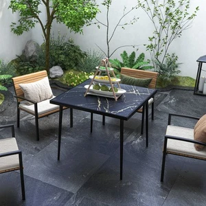 Square Outdoor Dining Table with Marble Effect Top Steel Frame for Patio Black - Picture 1 of 11