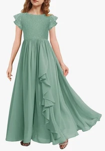 Girls Lace Flower Maxi Dress Ruffle Sleeve A-Line Flowy Bridesmaid Chiffon Dress - Picture 1 of 6