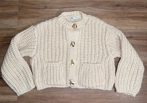 Zara Damen Beige Grobstrick Cardigan Pullover Goldknöpfe Gr. M - Bild 1 von 12