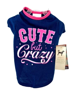 Wag-A-Tude Größe Small "CUTE BUT CRAZY" Katze/Hund marineblau & rosa Shirt neu mit Etikett - Bild 1 von 8