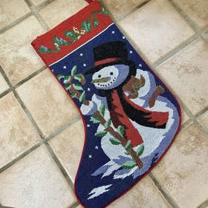 Vintage Stocking Christmas Snowman Tapestry Style Snow Winter Holiday 16” - Picture 1 of 9