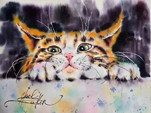 ORIGINAL wtarcolor painting Ginger CAT art Animals art 9" by 12" - Picture 1 of 5