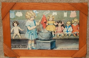 Diamond Dyes “A Busy Day In Dollville” Rustic Wood Framed Metal Sign Laundry Pic - Picture 1 of 7