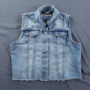 Levis Denim Jacket Womens Large Blue Trucker Type 3 Sleeveless Cut Off Cropped - Picture 1 of 14