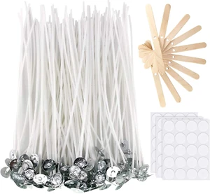 Candle Wicks 100 Pcs 6 inch with 30Pcs Candle Wick Stickers and 10 Pcs Wooden - Picture 1 of 2