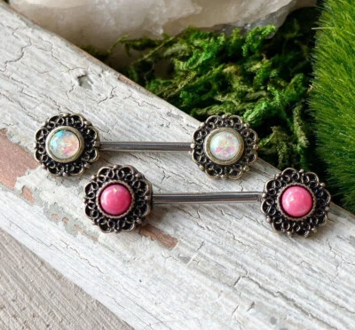 PAIR Opal Glitter Center Tribal Hearts Nipple Rings Shield Barbells - Only Pink - Image 1 of 4