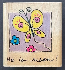 Er ist auferstanden Ostern religiöse Phrase Schmetterling Frühling Jahreszeit Holz Gummistempel - Bild 1 von 3