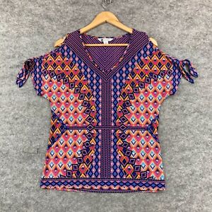 Rockmans Top Womens S Small Multicoloured Short Sleeve Slit Shirt 26304