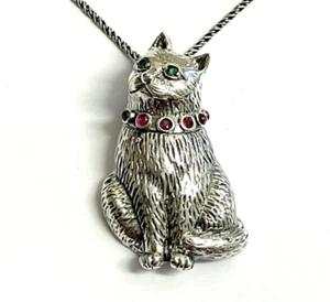 Sterling Silver Emerald and Ruby Pet Cat Animal Pendant Necklace Cat Lovers Gift - Picture 1 of 5