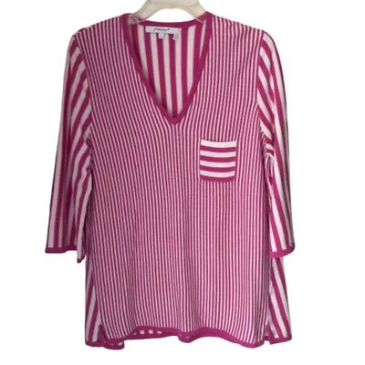 Foxcroft NYC V Neck Pink Pinstripe LTWT Pullover Modal Woman's L Sweater #BD - Image 1 of 4