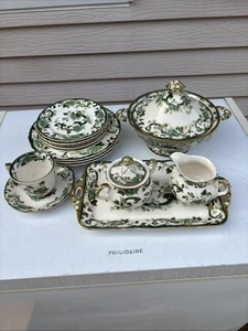 15 Pcs Set of Vintage Mason’s Patent Ironstone Chartreuse Green Gold Floral - Picture 1 of 10