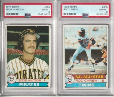Lote de 8 tarjetas Topps Baseball 1979 PSA casi nuevo-como nuevo Eddie Whitson #189 Rod Carew #300 Foto 1 de 2