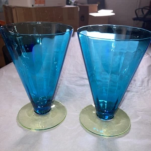 (2) Tiffin #1485 Blue Glass Canary Vaseline Foot Iced Tea Tumbler Glasses - Picture 1 of 3