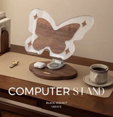 Butterfly Laptop Stand Wooden Base Acrylic Riser for MacBook iPad Adjustable - Image 1 of 4