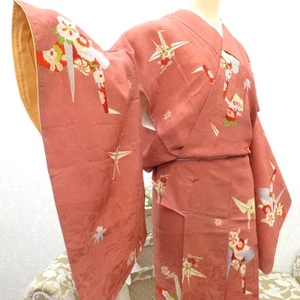 Antico kimono Komon seta origami gru motivo floreale marrone 59,2 pollici donna - Foto 1 di 14