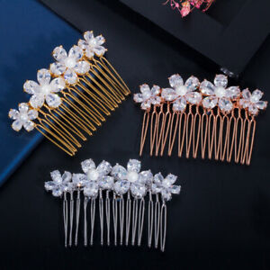 Yellow Gold Plated CZ Pearl Wedding Hair Combs Clip Flower Headpiece Accessories