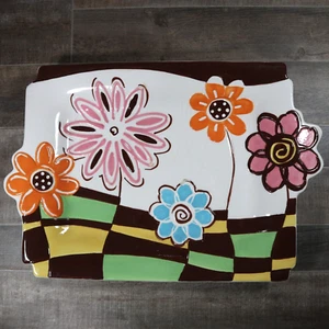 Bella Casa by Ganz Ceramic Pastel Flower Serving Tray Platter Colorful Glazed - Picture 1 of 11