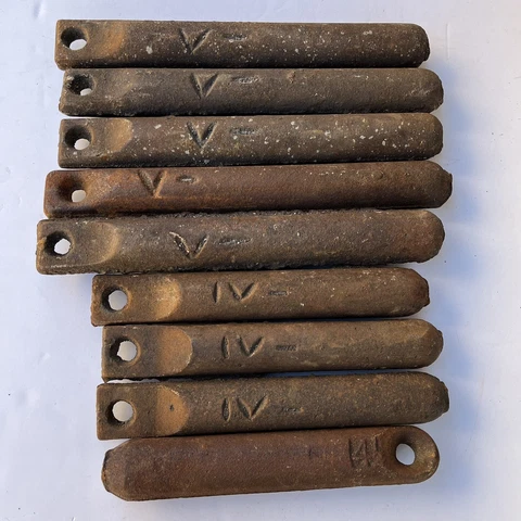 Antique Cast Iron Window Sash Lot (9) 5 & 4 LB Weights 12-10” Long VTG Cover