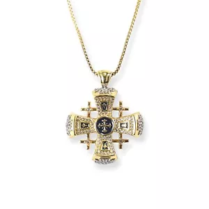 Gold Plated 14k Jerusalem Cross Pendant Blue Enamel Crystallized Stones - Picture 1 of 5