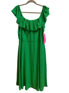 Betsey Johnson Green Ruffle Midi Dress Womens Sz 16 NEW Kelly Green Off Shoulder - Picture 1 of 7