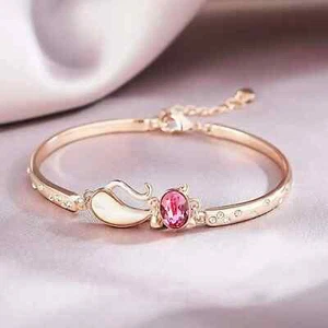 Hecho con SWAROVSKI Cristal Gatito Rosa Claro Oro Blanco 18k Relleno Barra Pulsera - Imagen 1 de 4