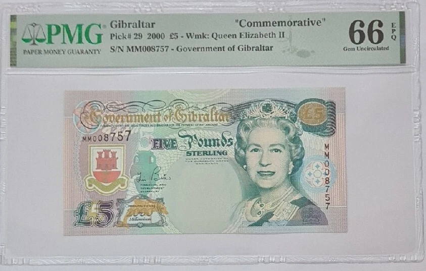 2000 GIBRALTAR "COMMEMORATIVE" £5 PMG66 EPQ GEM UNC【P-29】@Low S/N@ - Image 1 of 4