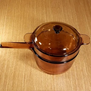 CORNING VISION AMBER 1.5 L / Qt SAUCEPAN with DOUBLE BOILER & LID V-20-B *EUC* - Picture 1 of 1