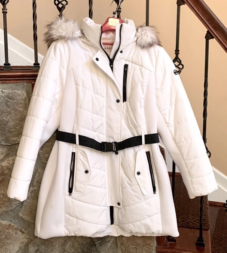 Michael Kors 女式腰带人造毛皮修剪连帽松饼外套(零售价 300 美元)XL — 第 1/4 张图片