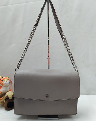 Borsa a tracolla Tory Burch grigia in pelle con patta chiusura catena tracolla