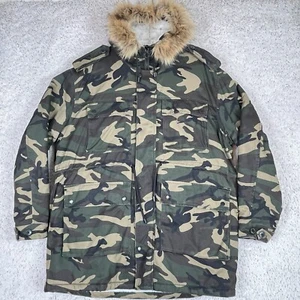 Zara Camouflage Parka Coat Mens Large Camo Shearling Lined Faux Fur Hood - Picture 1 of 15