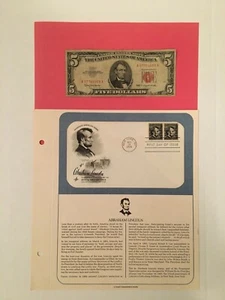 Lincoln Official Stamp Postcard NY 1965 & US $5 Red Seal Dollar Note Vintage Set - Picture 1 of 8