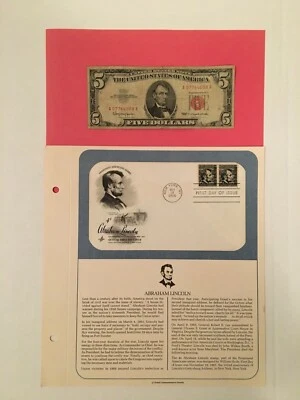 Lincoln Official Stamp Postcard NY 1965 & US $5 Red Seal Dollar Note Vintage Set - Image 1 of 4