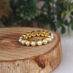 Yellow Gold Plated 925 Silver Pearl Gemstone Designer Engagement Band Rings - Picture 1 of 7