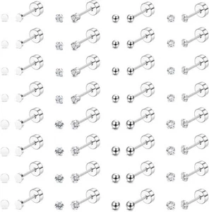 16 Pairs Tiny Cartilage Stud Earrings for Women Men Surgical Steel Flat Silver - Picture 1 of 3