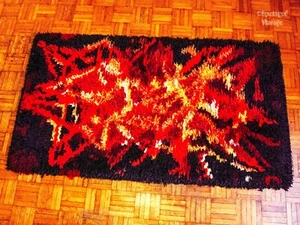 Rya Style Rug Orange & Purple Kristal Vintage Scandinavian Wool Shag Pile - Picture 1 of 14