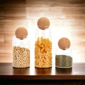 Glass Food Storage Jars With Sealed Cork Bamboo Lid 3 Pack Different Sizes - Picture 1 of 4