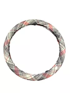 Car Steering Wheel Cover Tartan Plaid Fabric Black Orange Tan 15" Round - Picture 1 of 9