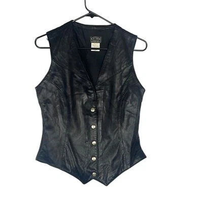 Tannery West VTG USA Made Leather Black Fitted Vest moto bike grunge Harley - Image 1 of 4
