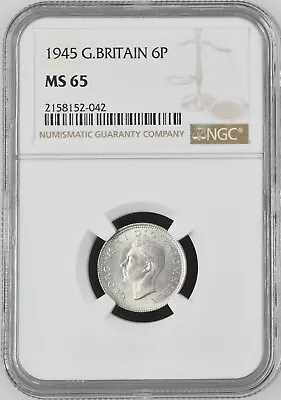 Great Britain - 1945 George VI Silver 6 Pence - NGC MS65 - Image 1 of 2